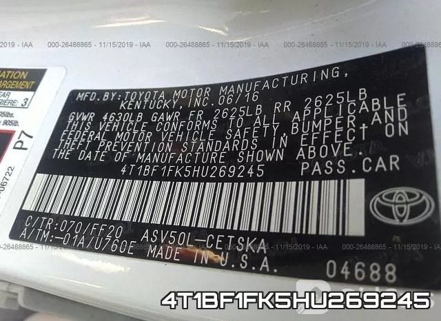 4T1BF1FK5HU269245 фото 10