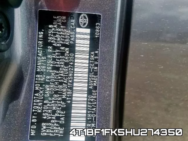 4T1BF1FK5HU274350 фото 2