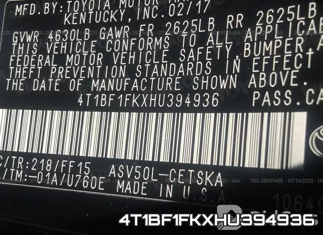 4T1BF1FKXHU394936 фото 10
