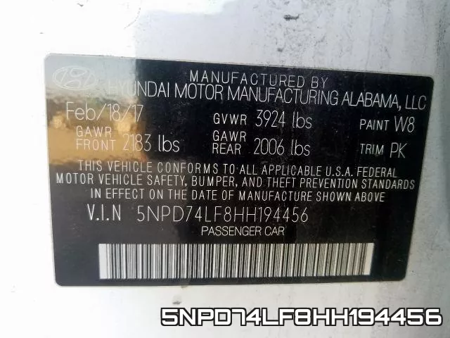 5NPD74LF8HH194456 фото 2