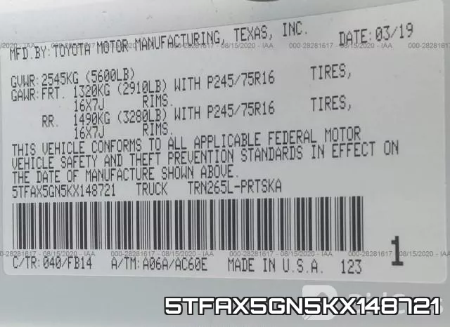 5TFAX5GN5KX148721 фото 10