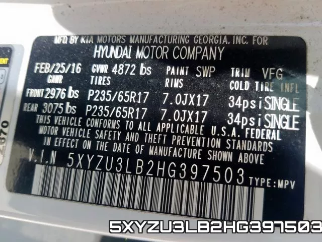 5XYZU3LB2HG397503 фото 2