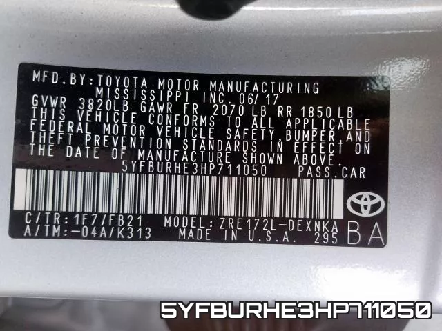 5YFBURHE3HP711050 фото 2