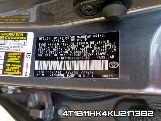 4T1B11HK4KU217382 фото 2