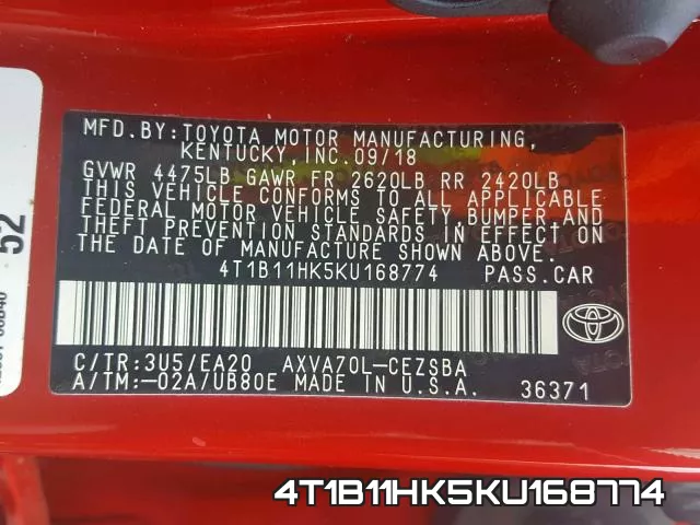4T1B11HK5KU168774 фото 2