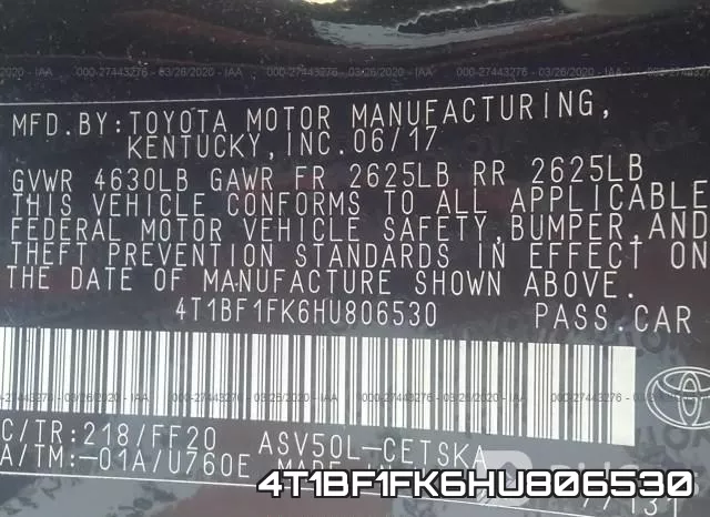 4T1BF1FK6HU806530 фото 10