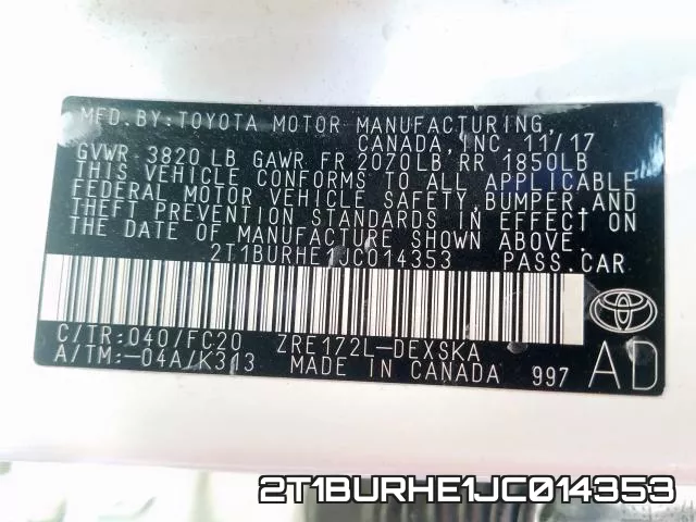 2T1BURHE1JC014353 фото 2