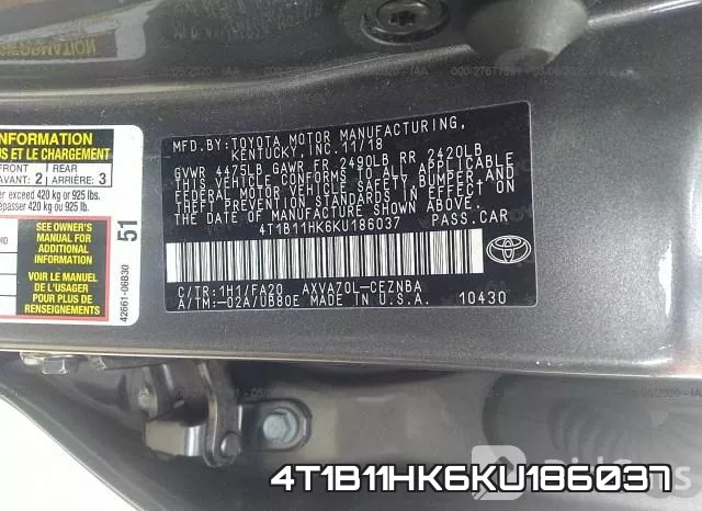 4T1B11HK6KU186037 фото 10