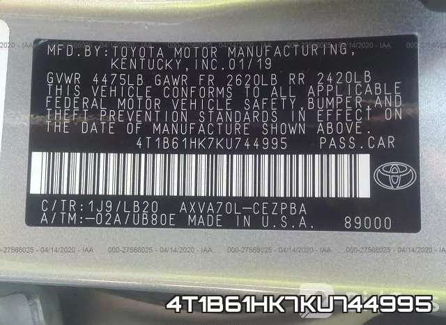 4T1B61HK7KU744995 фото 10