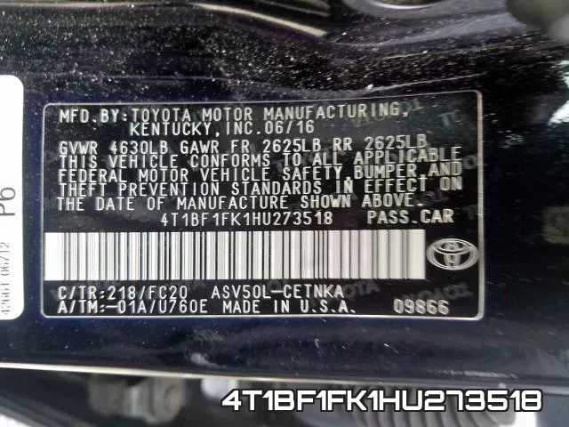 4T1BF1FK1HU273518 фото 2