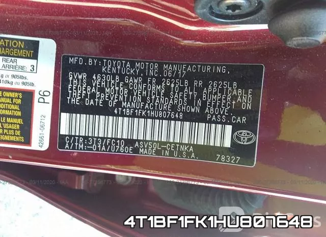 4T1BF1FK1HU807648 фото 10