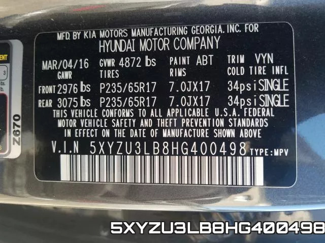 5XYZU3LB8HG400498 фото 2