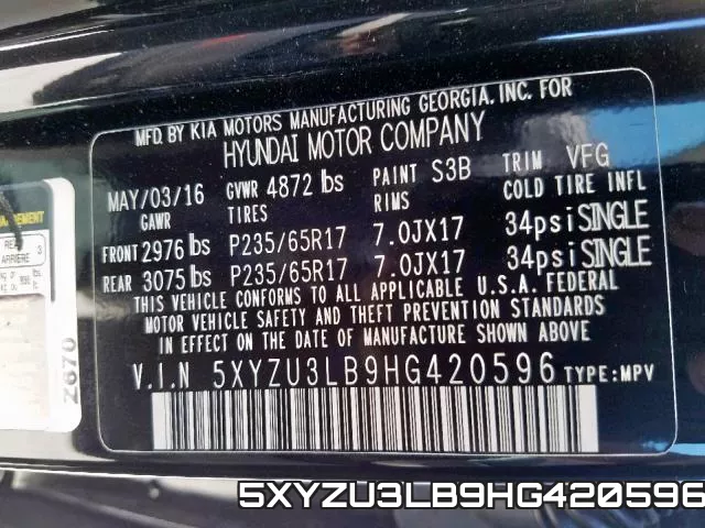 5XYZU3LB9HG420596 фото 2