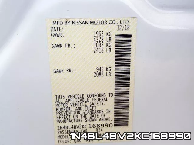 1N4BL4BV2KC168990 фото 2