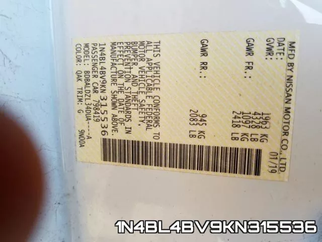 1N4BL4BV9KN315536 фото 2