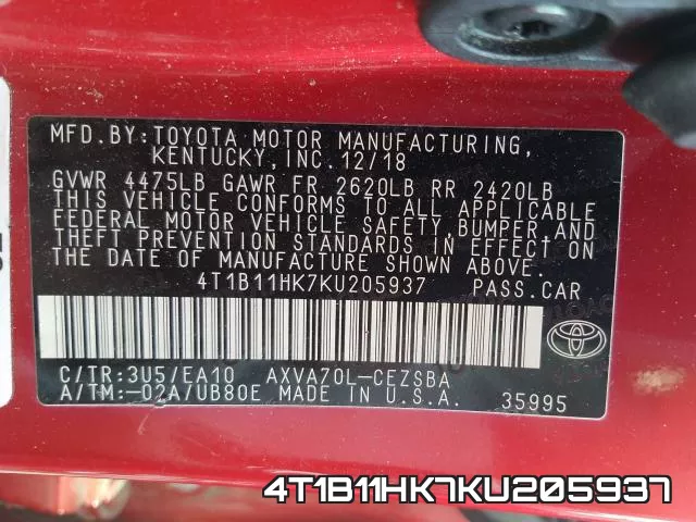 4T1B11HK7KU205937 фото 2