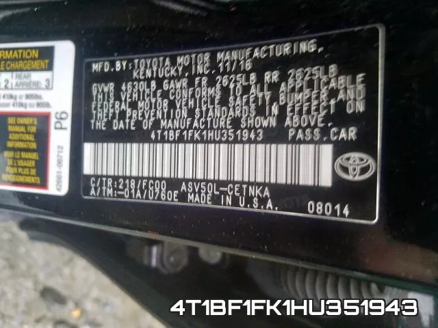 4T1BF1FK1HU351943 фото 2