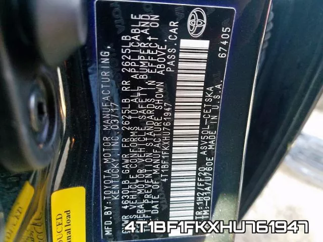 4T1BF1FKXHU761947 фото 2