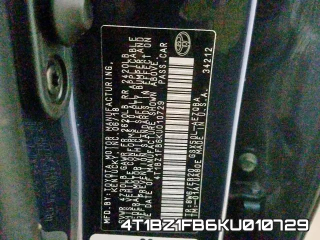 4T1BZ1FB6KU010729 фото 2