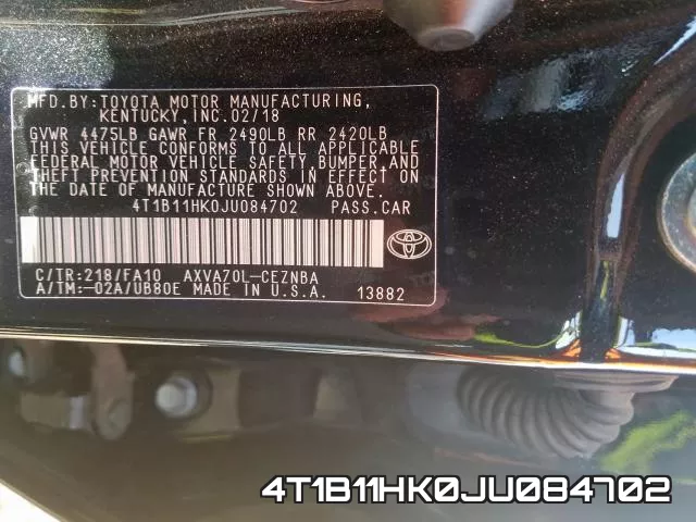 4T1B11HK0JU084702 фото 2