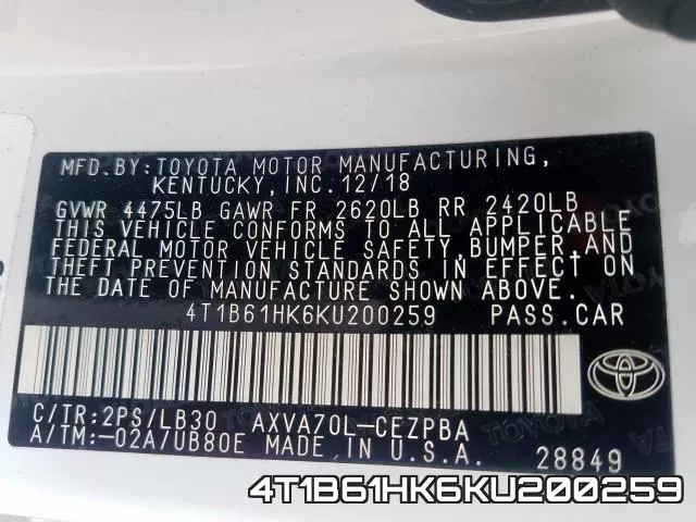 4T1B61HK6KU200259 фото 2
