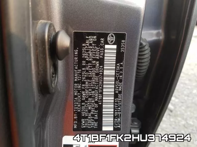 4T1BF1FK2HU374924 фото 2