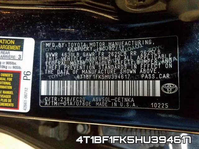 4T1BF1FK5HU394617 фото 2