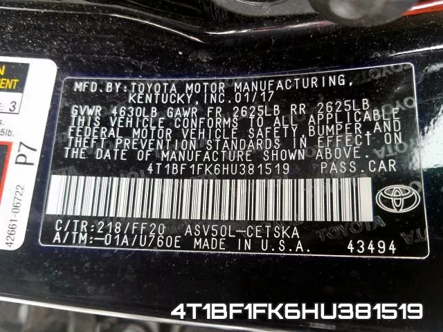 4T1BF1FK6HU381519 фото 2
