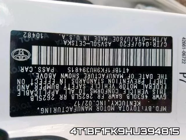 4T1BF1FK9HU394815 фото 2