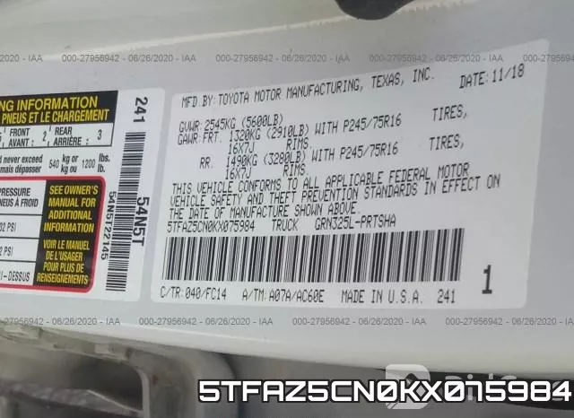5TFAZ5CN0KX075984 фото 10