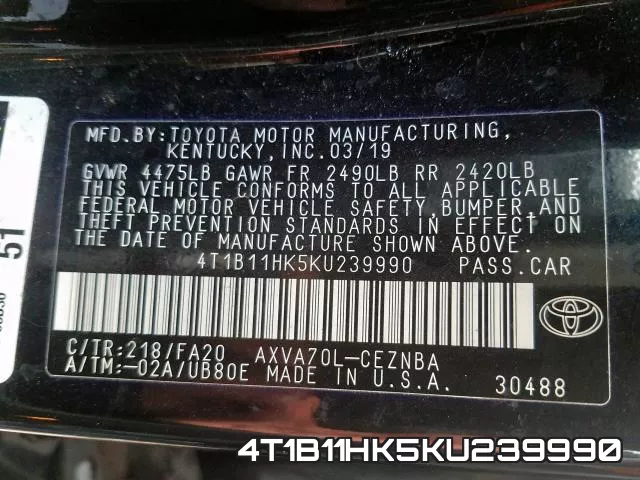 4T1B11HK5KU239990 фото 2