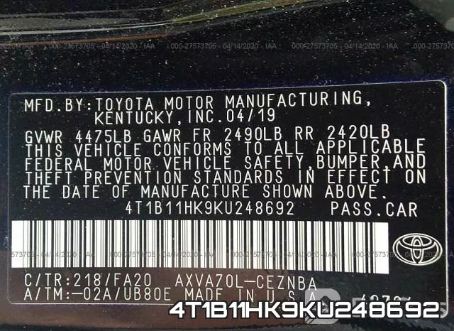 4T1B11HK9KU248692 фото 10