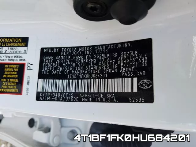 4T1BF1FK0HU684201 фото 2