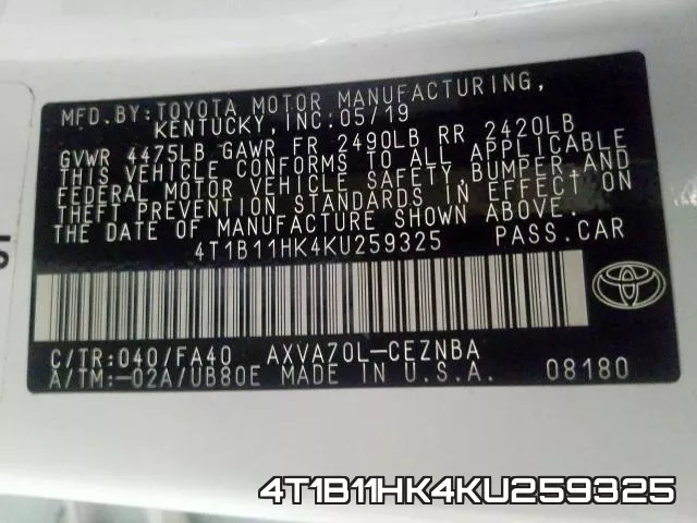 4T1B11HK4KU259325 фото 2