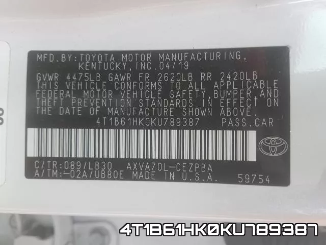 4T1B61HK0KU789387 фото 2