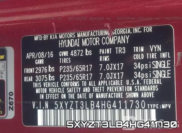 5XYZT3LB4HG411730 фото 10