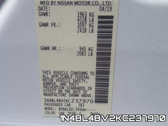 1N4BL4BV2KC237970 фото 2