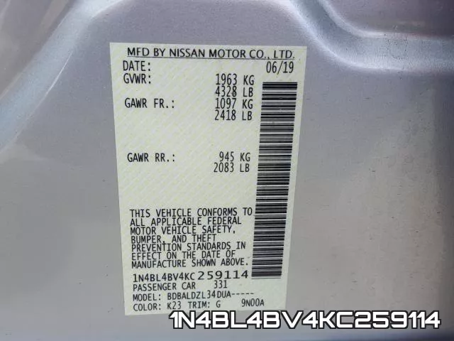 1N4BL4BV4KC259114 фото 2