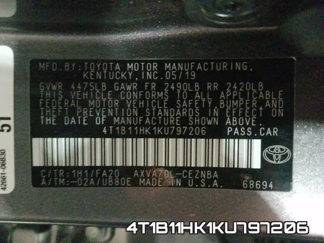 4T1B11HK1KU797206 фото 2