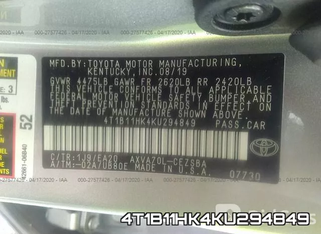 4T1B11HK4KU294849 фото 10