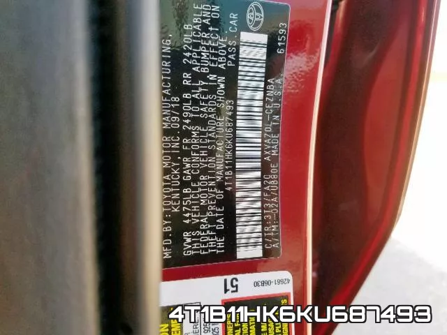4T1B11HK6KU687493 фото 2