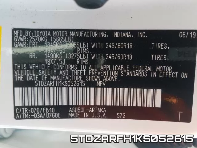 5TDZARFH1KS052615 фото 2