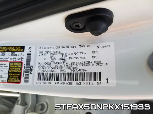 5TFAX5GN2KX151933 фото 2