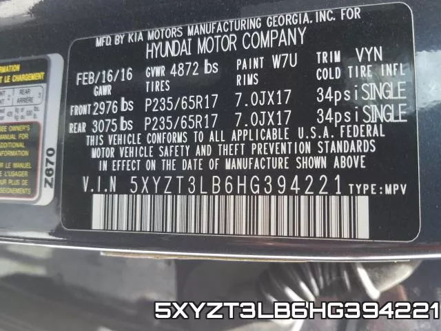 5XYZT3LB6HG394221 фото 2