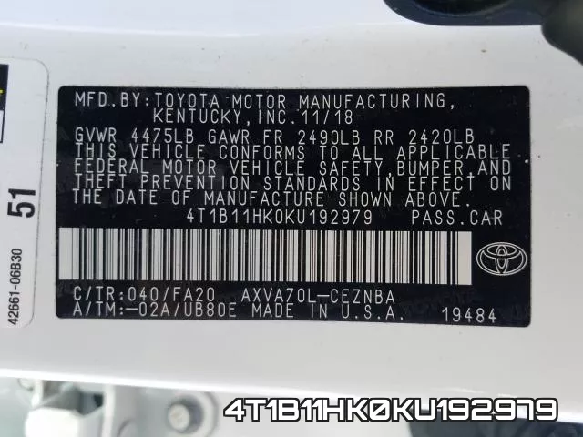 4T1B11HK0KU192979 фото 2