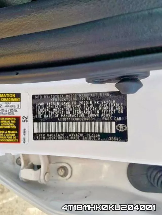 4T1B11HK0KU204001 фото 2