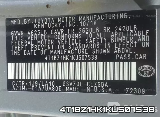 4T1BZ1HK1KU507538 фото 10