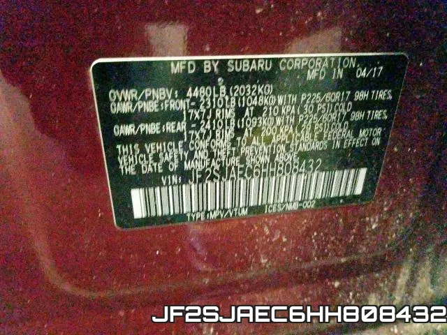 JF2SJAEC6HH808432 фото 2