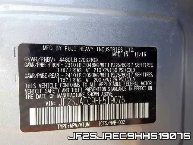 JF2SJAEC9HH519075 фото 2