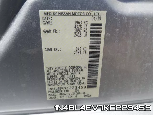 1N4BL4EV7KC223459 фото 2